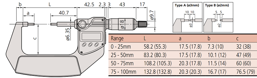 Panme điện tử đầu nhỏ Mitutoyo 331-261-30 (0-25mm/0.001mm) kiểu B_drawing