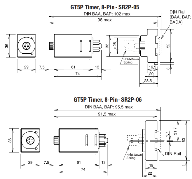Timer on delay kích thước nhỏ chân tròn 200-240VAC IDEC GT5P-N10MA200_drawing