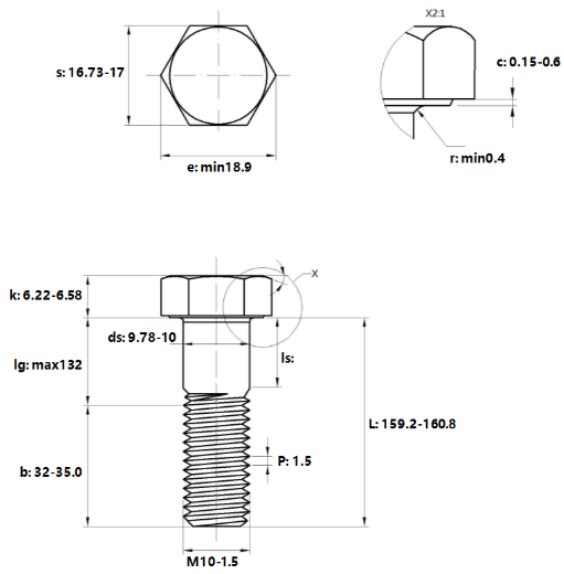 Bản vẽ kỹ thuật Bulong Nhúng Nóng 8.8 DIN931 M10x160 Ren Lửng