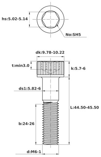Bản vẽ kỹ thuật Lục Giác Chìm Đầu Trụ Thép Đen 12.9 DIN912 M6x45 Ren Lửng