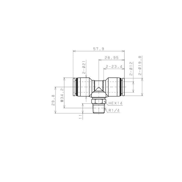 Bản vẽ kỹ thuật Đầu Nối Nhanh Khí Nén Dạng Chữ T Ren Ngoài Pisco PB12-02W