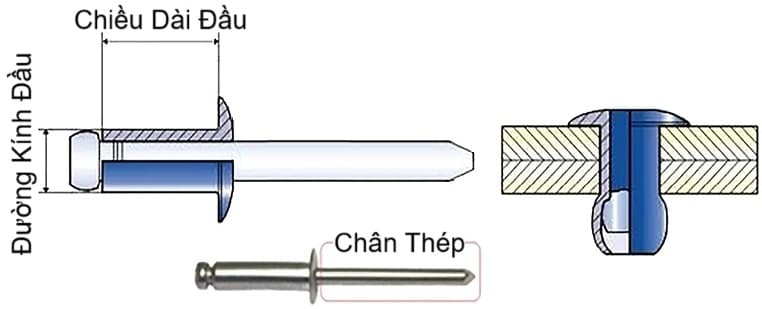 Bản vẽ kỹ thuật Rivet Inox 304 Chân Thép OD1/8 x 1/2