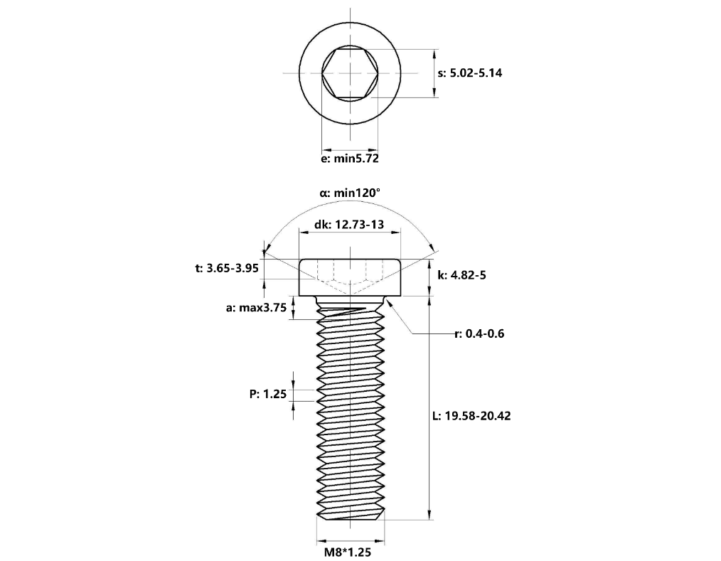 Bản vẽ kỹ thuật Lục Giác Trụ Đầu Thấp Inox 304 DIN7984 M8x20