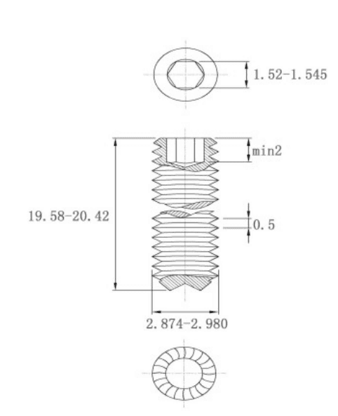 Bản vẽ kỹ thuật Vít Trí Đuôi Lõm Có Khía Thép Đen 12.9 DIN916K M3x20