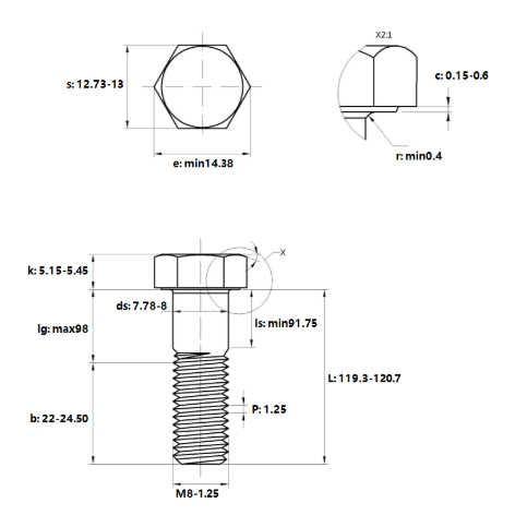 Bản vẽ kỹ thuật Bulong Nhúng Nóng 8.8 DIN931 M8x120 Ren Lửng