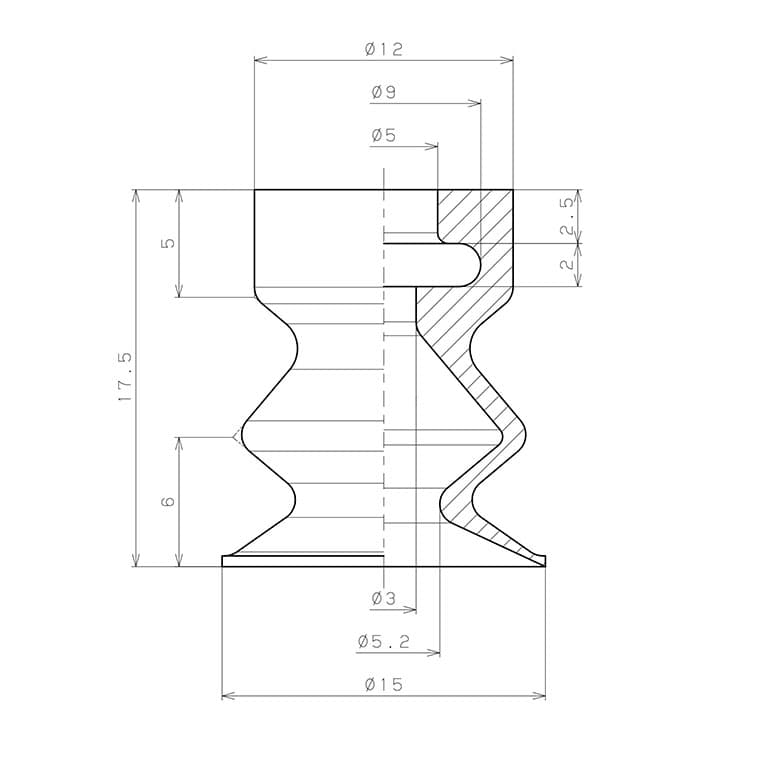 Bản vẽ kỹ thuật Đầu Nấm Hút Chân Không Dạng Lò Xo, Cao Su Nitrile - NBR, O.D 15 mm, Pisco VP15LBN
