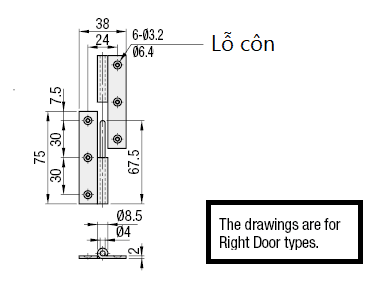 Bản vẽ kỹ thuật Bản Lề Tháo Rời Phải Inox 304 (HNS4R) L 75 mm