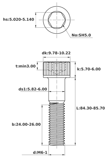 Bản vẽ kỹ thuật Lục Giác Chìm Đầu Trụ Thép Đen 12.9 DIN912 M6x85 Ren Lửng