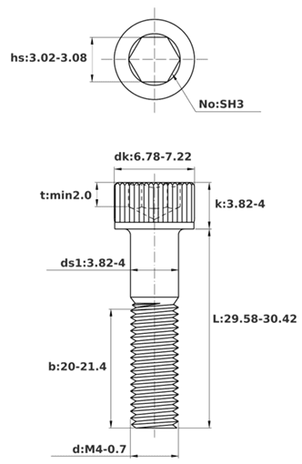 Bản vẽ kỹ thuật Lục Giác Chìm Đầu Trụ Thép Đen 12.9 DIN912 M4x30 Ren Lửng (50Cái/Bịch)