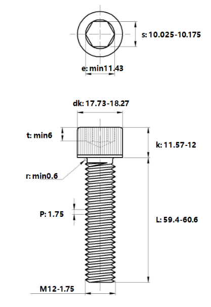 Bản vẽ kỹ thuật Lục Giác Chìm Đầu Trụ Thép Mạ Kẽm Trắng Cr3+ 12.9 DIN912 M12x60