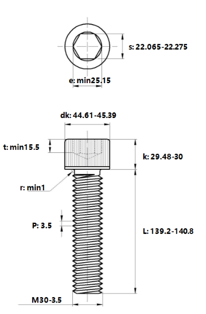 Bản vẽ kỹ thuật Lục Giác Chìm Đầu Trụ Thép Đen 12.9 DIN912 M30x140