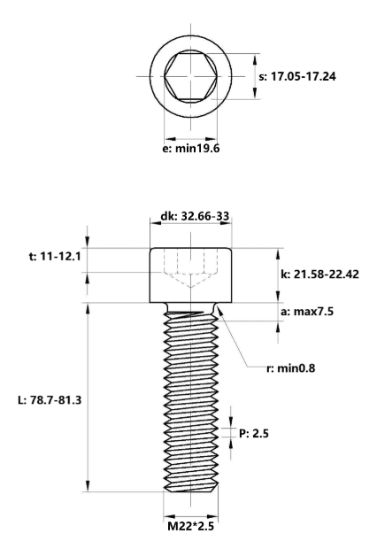 Bản vẽ kỹ thuật Lục Giác Chìm Đầu Trụ Thép Đen 12.9 DIN912 M22x80