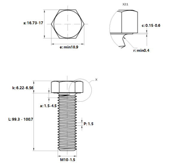 Bản vẽ kỹ thuật Bulong Thép Đen 8.8 DIN933 M10x100