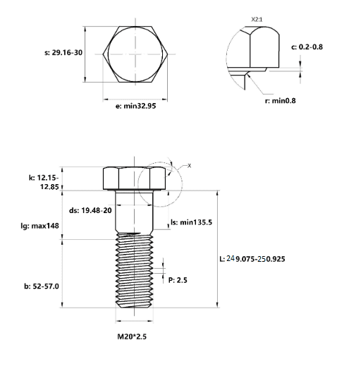 Bản vẽ kỹ thuật Bulong Nhúng Nóng 8.8 DIN931 M20x250 Ren Lửng