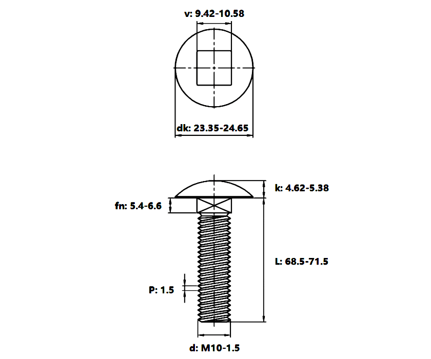 Bản vẽ kỹ thuật Bulong Cổ Vuông Inox 304 DIN603 M10x70