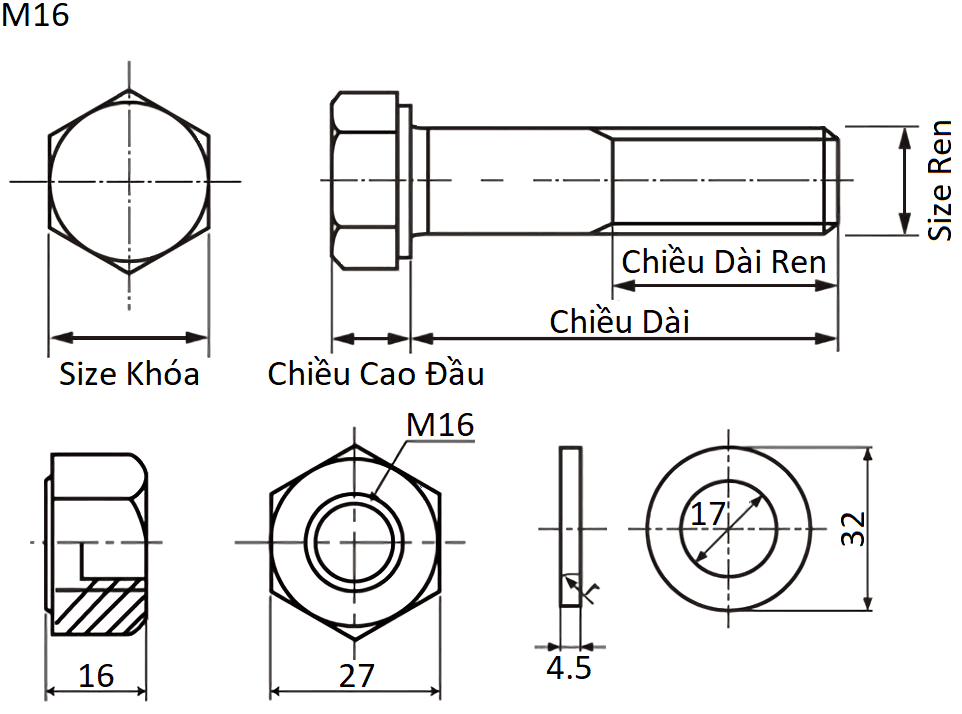 Bản vẽ kỹ thuật Bulong Cường Độ Cao Thép Đen F10T M16x50 Ren Lửng (1 Tán + 2 Lông Đền)