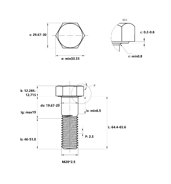 Bản vẽ kỹ thuật Bulong Thép Đen 8.8 DIN931 M20x65 Ren Lửng