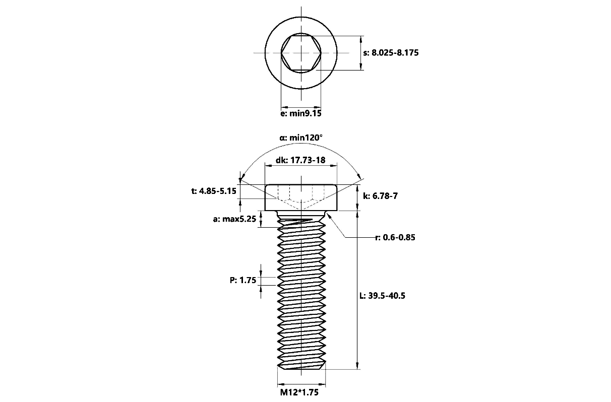 Bản vẽ kỹ thuật Lục Giác Trụ Đầu Thấp Inox 304 DIN7984 M12x40