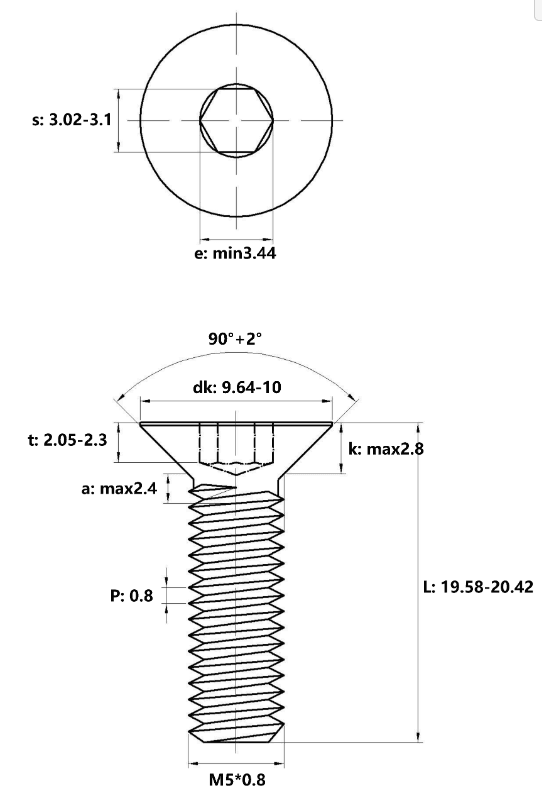 Bản vẽ kỹ thuật Lục Giác Chìm Col Thép Đen 10.9 DIN7991 M5x20