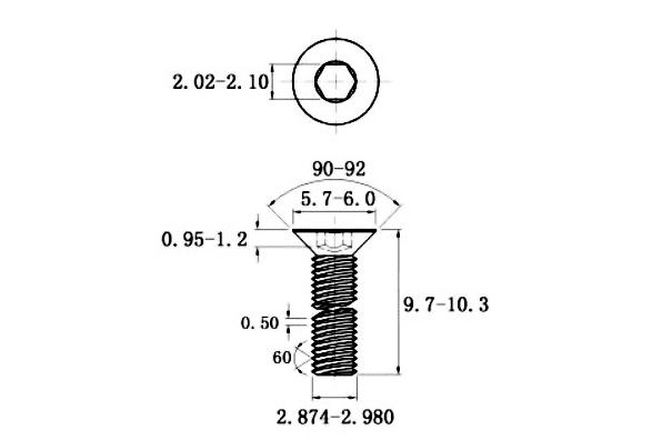 Bản vẽ kỹ thuật Lục Giác Chìm Col Thép Mạ Kẽm Trắng Cr3+ 10.9 DIN7991 M3x10 (50Cái/Bịch)
