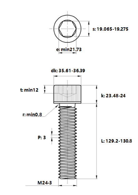 Bản vẽ kỹ thuật Lục Giác Chìm Đầu Trụ Thép Đen 12.9 DIN912 M24x130