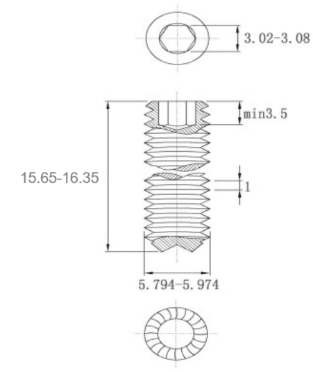 Bản vẽ kỹ thuật Vít Trí Đuôi Lõm Có Khía Thép Đen 12.9 DIN916K M6x16