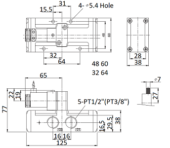 Bản vẽ kỹ thuật Van Điện Từ Khí Nén Solenoid 5/2 1 Coil Parker Size PT1/2 PHS-540S-15-220V