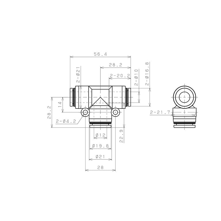 Bản vẽ kỹ thuật Đầu Nối Nhanh Khí Nén Chữ T Dạng Nối Giảm Pisco PEG10-12