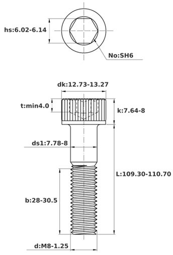 Bản vẽ kỹ thuật Lục Giác Chìm Đầu Trụ Thép Đen 12.9 DIN912 M8x110 Ren Lửng