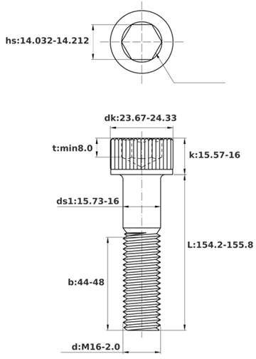 Bản vẽ kỹ thuật Lục Giác Chìm Đầu Trụ Thép Đen 12.9 DIN912 M16x155 Ren Lửng