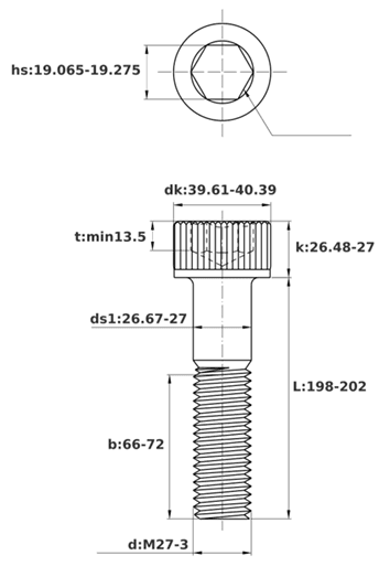 Bản vẽ kỹ thuật Lục Giác Chìm Đầu Trụ Thép Đen 12.9 DIN912 M27x200 Ren Lửng