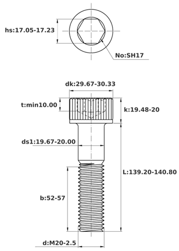 Bản vẽ kỹ thuật Lục Giác Chìm Đầu Trụ Thép Đen 12.9 DIN912 M20x140 Ren Lửng