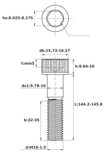 Bản vẽ kỹ thuật Lục Giác Chìm Đầu Trụ Thép Đen 12.9 DIN912 M10x145 Ren Lửng