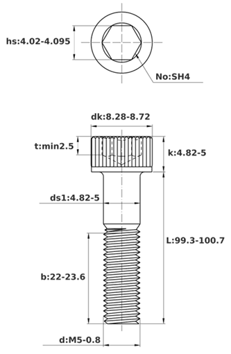 Bản vẽ kỹ thuật Lục Giác Chìm Đầu Trụ Thép Đen 12.9 DIN912 M5x100 Ren Lửng