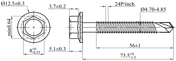 Bản vẽ kỹ thuật Vít Tôn Đầu Lục Giác MS-PRO 4.8x75mm (200 Cái)