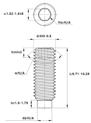 Bản vẽ kỹ thuật Vít Trí Đuôi Trụ Thép Đen 10.9 DIN915 M3x10