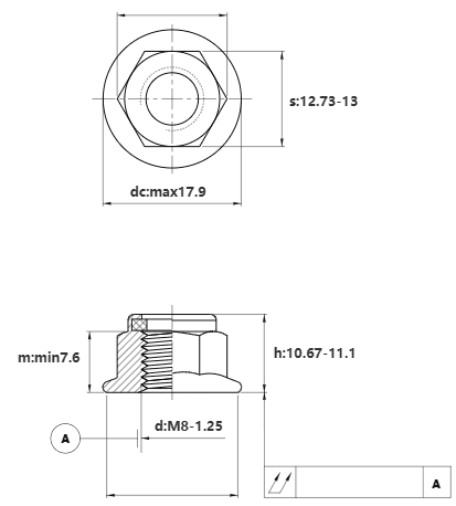 Bản vẽ kỹ thuật Tán Keo Liền Lông Đền Thép Mạ Kẽm 8.8 DIN6926 M8 (Không Khía)