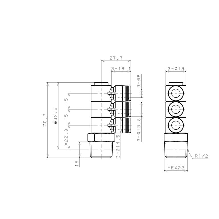 Bản vẽ kỹ thuật Đầu Nối Nhanh Khí Nén Ba Nhánh Cong 90° Thân Lục Giác Trụ Ren Ngoài Pisco PHT8-04