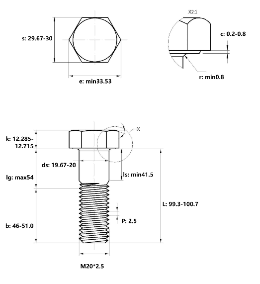 Bản vẽ kỹ thuật Bulong Thép Đen 8.8 DIN931 M20x100 Ren Lửng