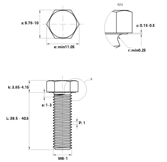 Bản vẽ kỹ thuật Bulong Mạ Kẽm Trắng Cr3+ 8.8 DIN933 M6x40