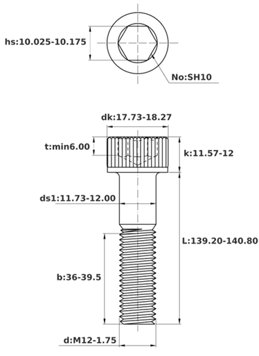 Bản vẽ kỹ thuật Lục Giác Chìm Đầu Trụ Thép Nhúng Nóng Kẽm 12.9 DIN912 M12x140 Ren Lửng