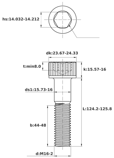 Bản vẽ kỹ thuật Lục Giác Chìm Đầu Trụ Thép Đen 12.9 DIN912 M16x125 Ren Lửng