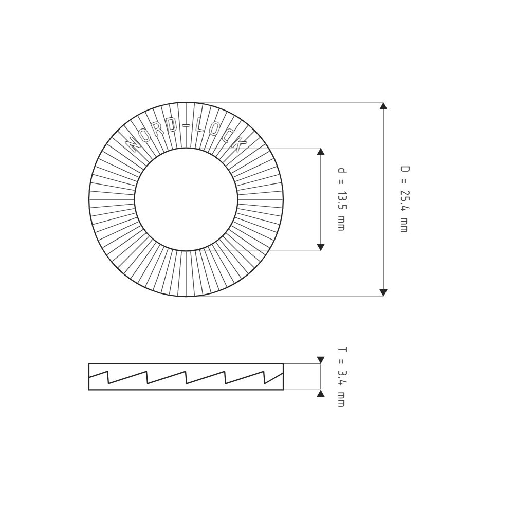 Bản vẽ kỹ thuật Lông Đền Nord-Lock Thép Mạ Zinc Flake Vành Rộng 1/2