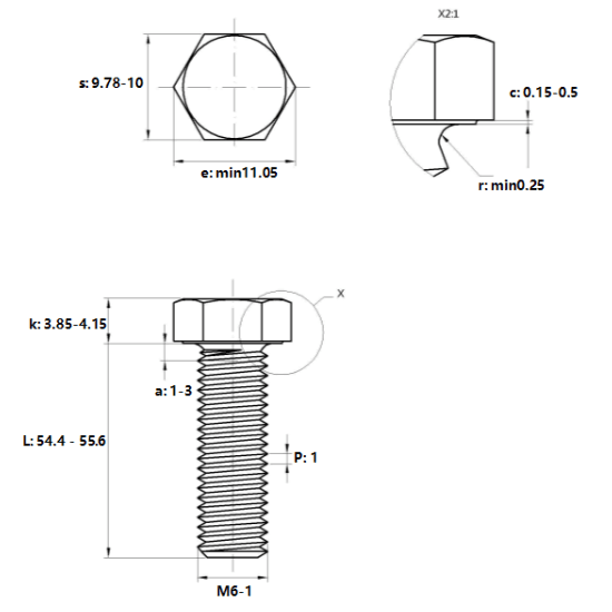 Bản vẽ kỹ thuật Bulong Thép Đen 8.8 DIN933 M6x55