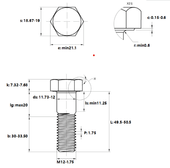 Bản vẽ kỹ thuật Bulong Thép Đen 10.9 DIN931 M12x50 Ren Lửng
