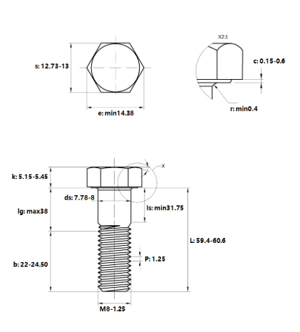 Bản vẽ kỹ thuật Bulong Thép Đen 8.8 DIN931 M8x60 Ren Lửng