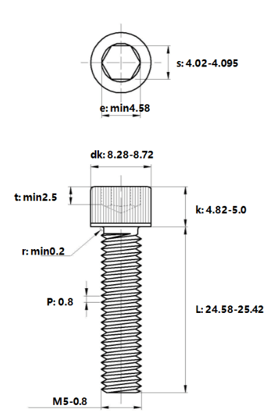 Bản vẽ kỹ thuật Lục Giác Chìm Đầu Trụ Thép Đen 12.9 DIN912 M5x25 (50Cái/Bịch)