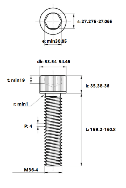Bản vẽ kỹ thuật Lục Giác Chìm Đầu Trụ Thép Đen 12.9 DIN912 M36x160
