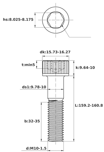 Bản vẽ kỹ thuật Lục Giác Chìm Đầu Trụ Thép Đen 12.9 DIN912 M10x160 Ren Lửng