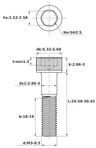 Bản vẽ kỹ thuật Lục Giác Chìm Đầu Trụ Thép Mạ Kẽm Trắng Cr3+ 12.9 DIN912 M3x30 Ren Lửng